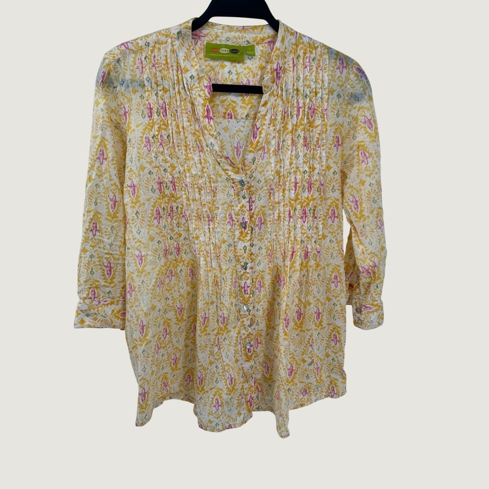 Rock Flower Paper Yellow Pink Cotton Pin-Tuck Button Up Tunic Top Womens Small